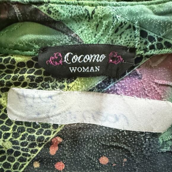 Cocomo Y2K Paisley Blouse 1X Plus Boho Roll Tab Green Stretchy Pleated Abstract - Picture 8 of 11